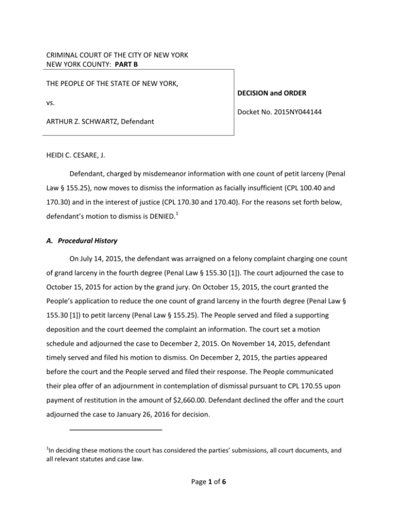 Page 1 of 6 CRIMINAL COURT OF THE CITY OF NEW YORK NEW