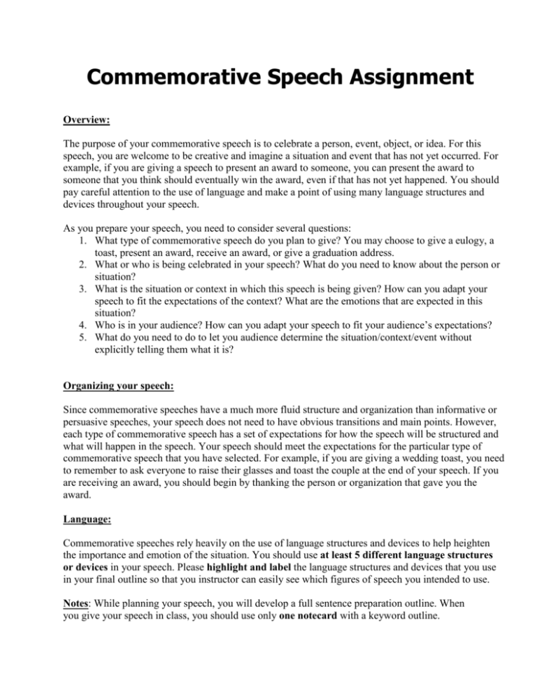 Commemorative Speech Assignment