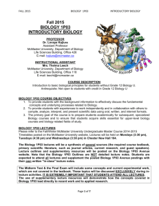 Fall 2015 BIOLOGY 1P03 INTRODUCTORY BIOLOGY