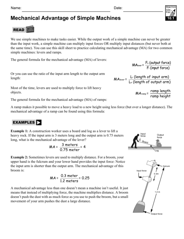 Mechanical Advantage Worksheet Answers