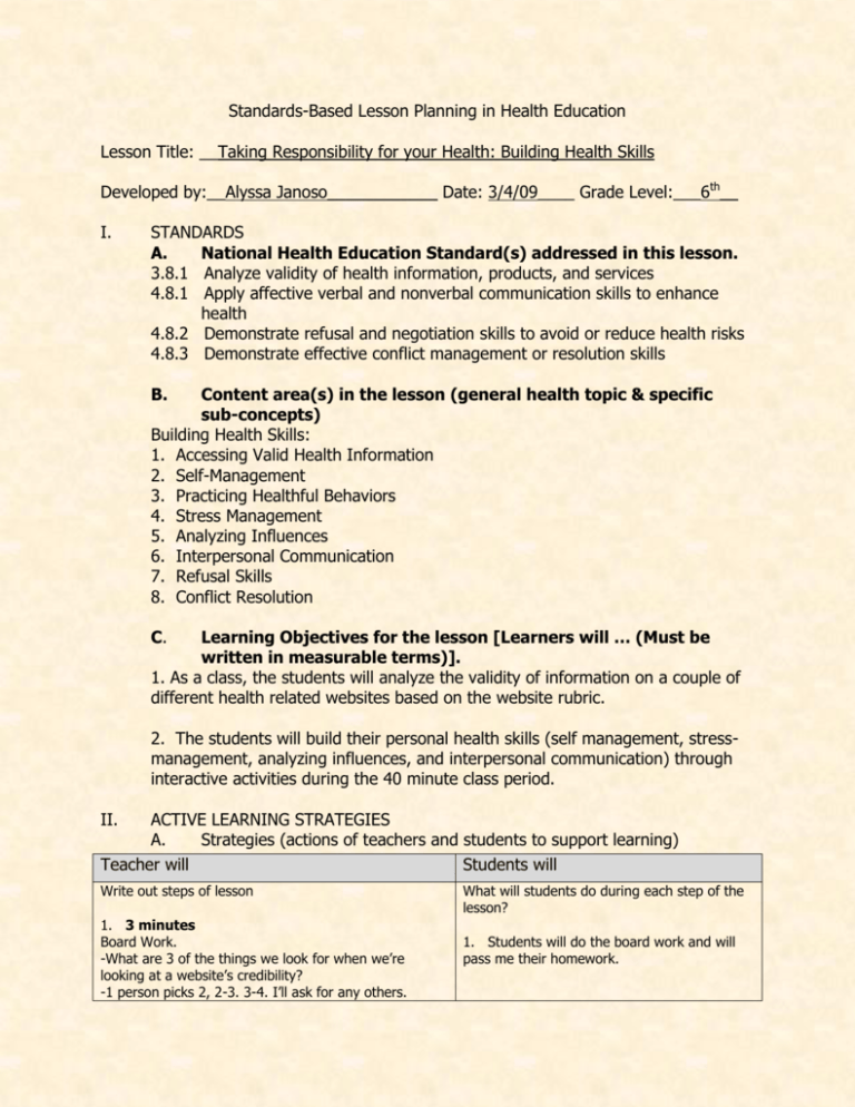 Standards-Based Lesson Planning in Health