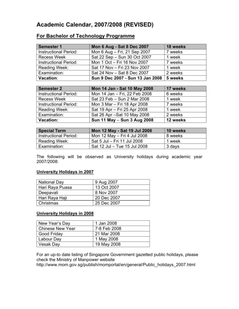 Academic Calendar, 2007/2008 (REVISED)