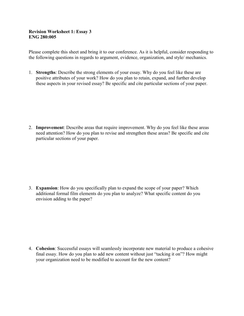 Revision Worksheet 1: Essay 3 ENG 280:005 Please complete this