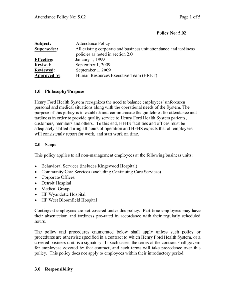 HR Policy 5 02 Attendance Policy 090109 HR Policy 5 02 Attendance Policy 090109