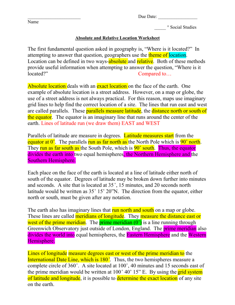 Absolute And Relative Location Worksheet Answer Key