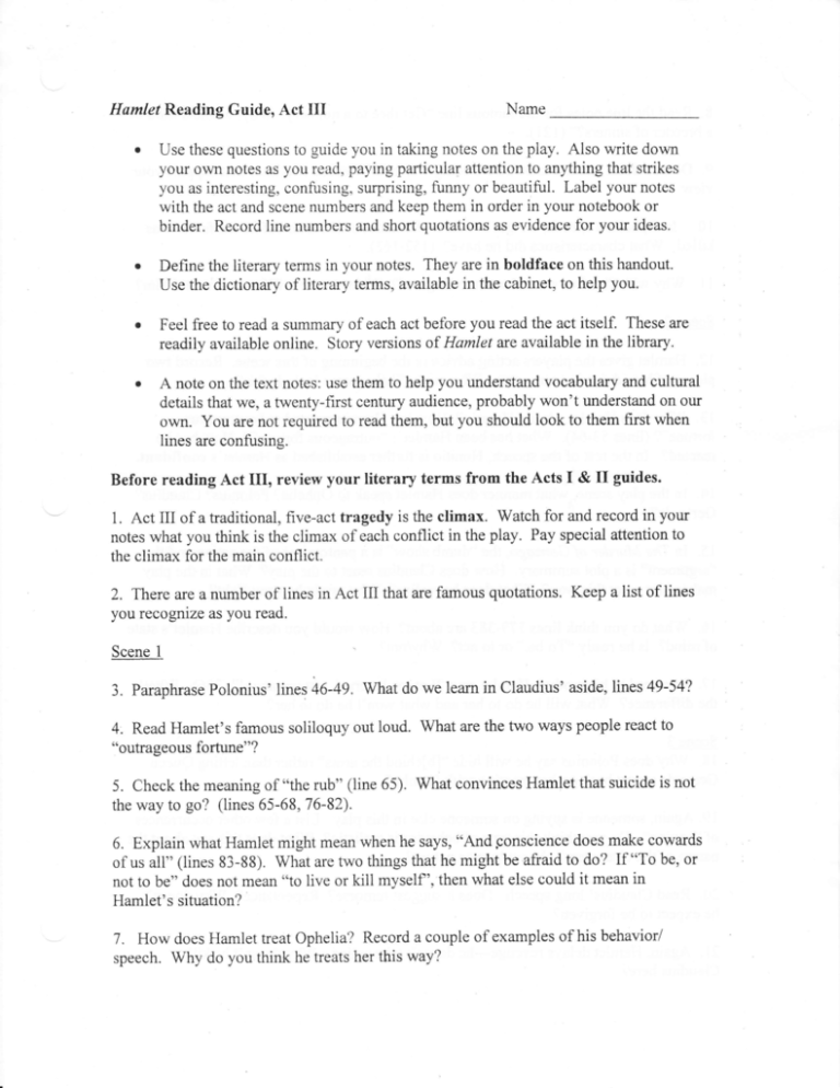 Hamlet Act III Study Guide Hamlet Act III Study Guide
