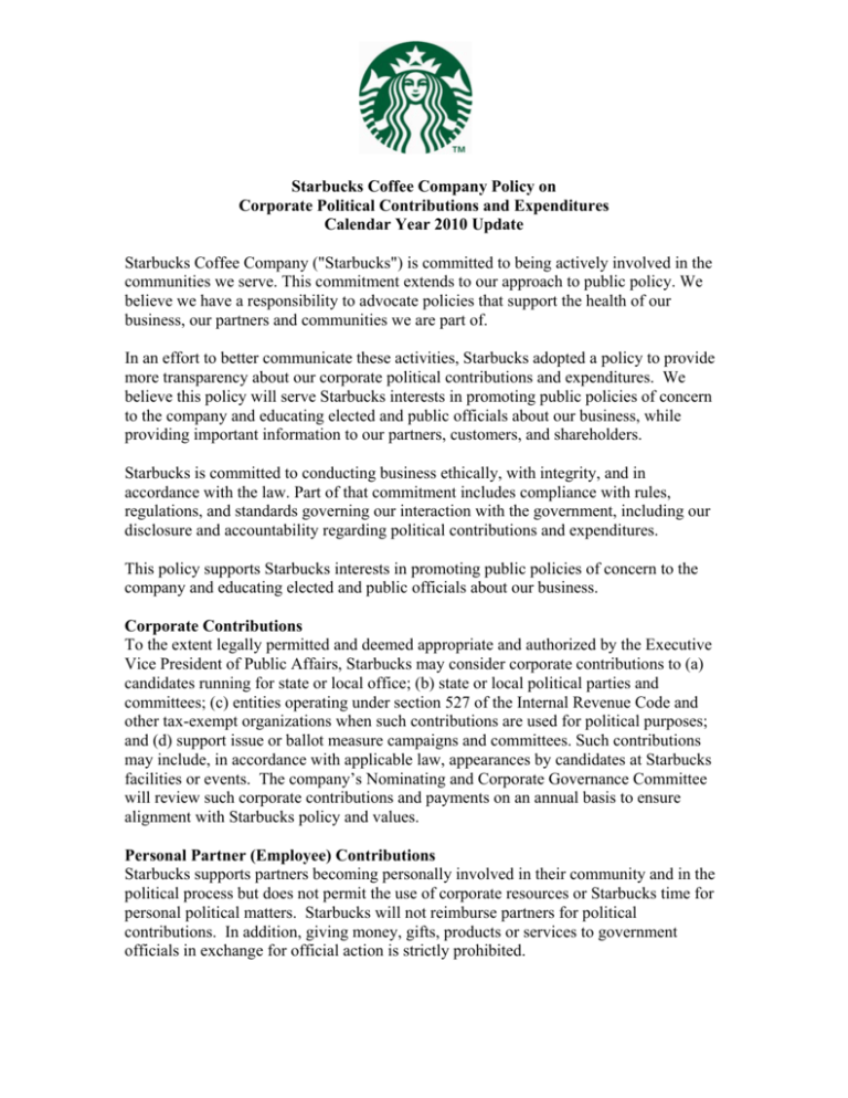 Starbucks Coffee Company Policy On Corporate Political