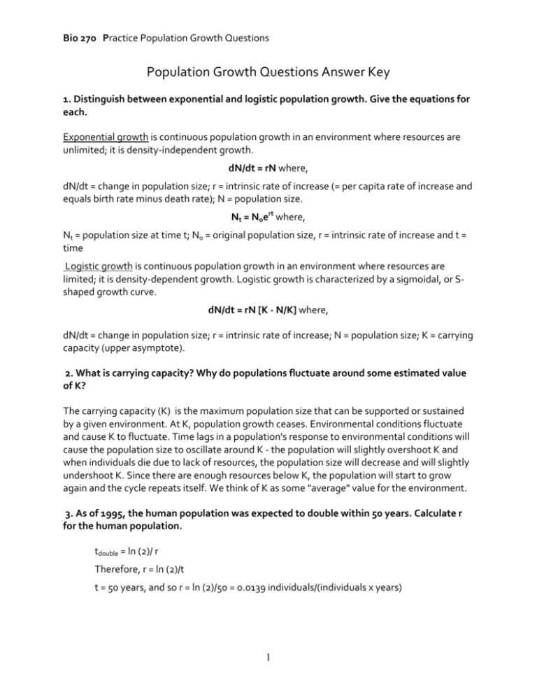 Population Growth Questions Answer Key