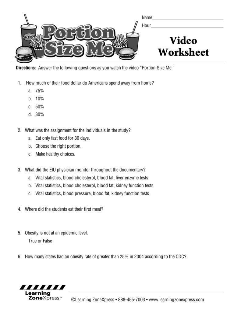 DownloadPortion Size Me Video Worksheet With Super Size Me Video Worksheet