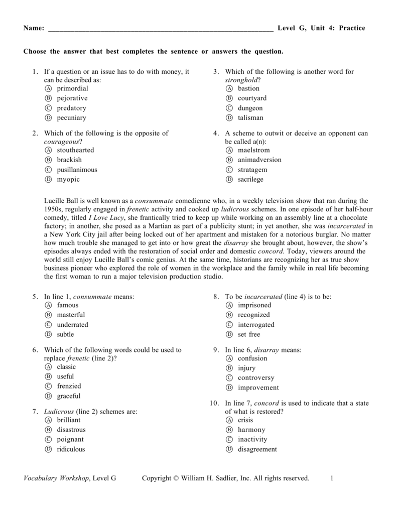 Level G, Unit 4: Practice Vocabulary Workshop - Sadlier