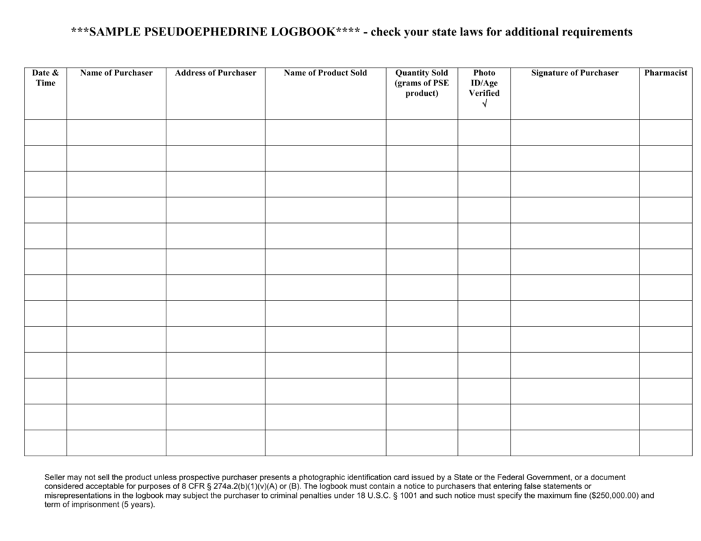 ***SAMPLE PSEUDOEPHEDRINE LOGBOOK****