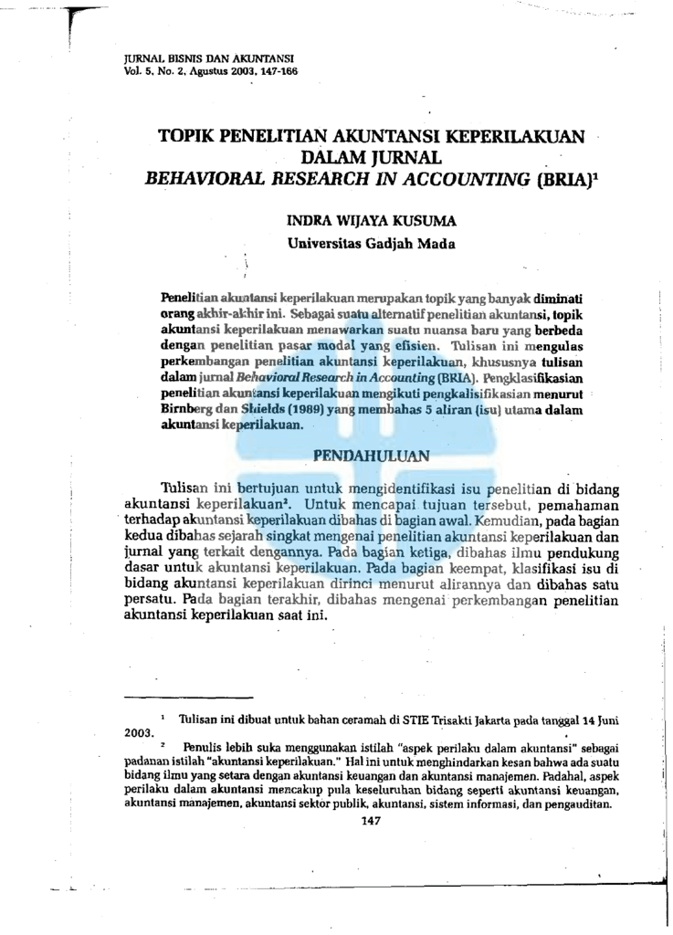 Topik Penelitian Akuntansi Keperilakuan Dalam Jurnal Behavioral