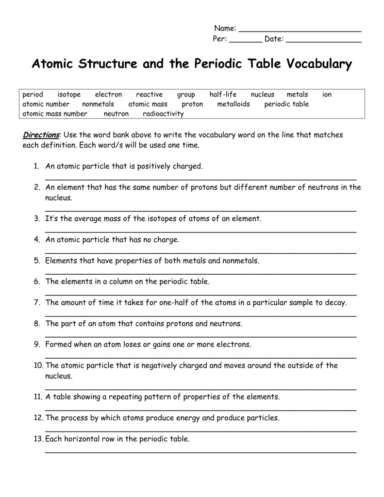 periodic table worksheet answers define a family