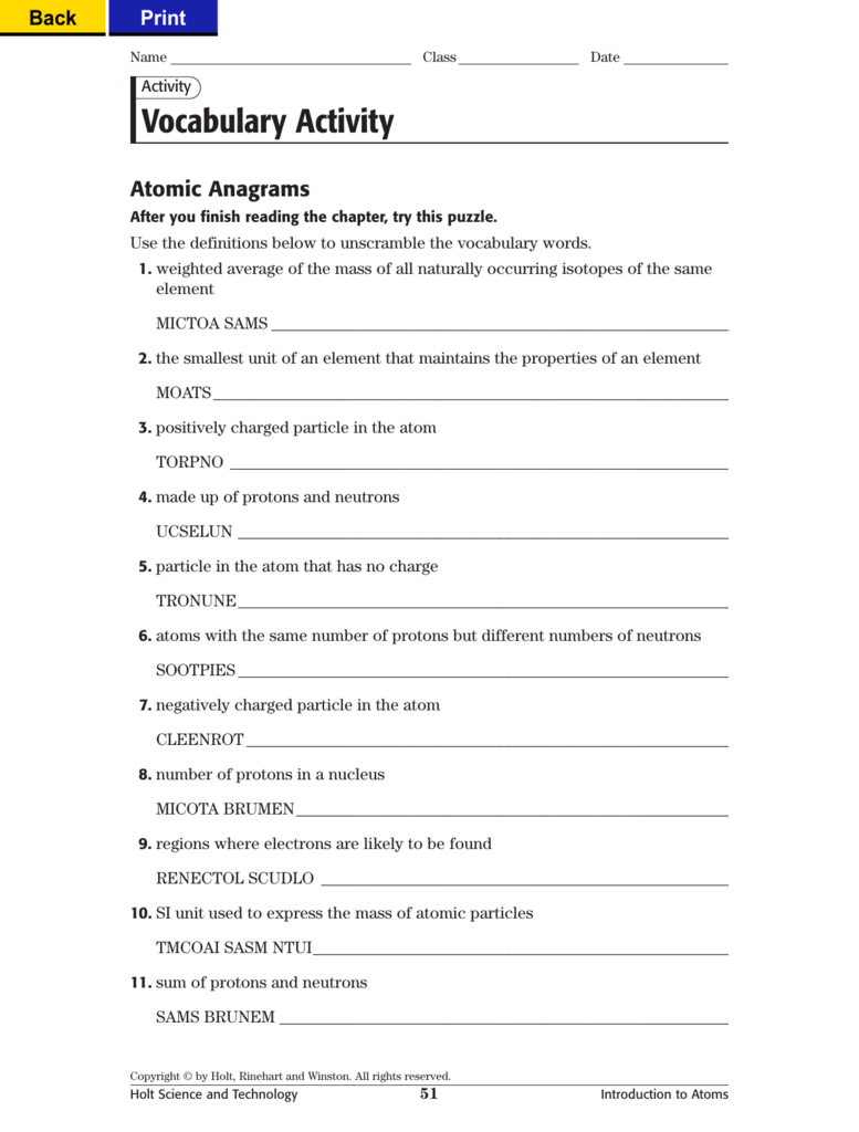 Practice Atom Vocabulary Worksheet Answers