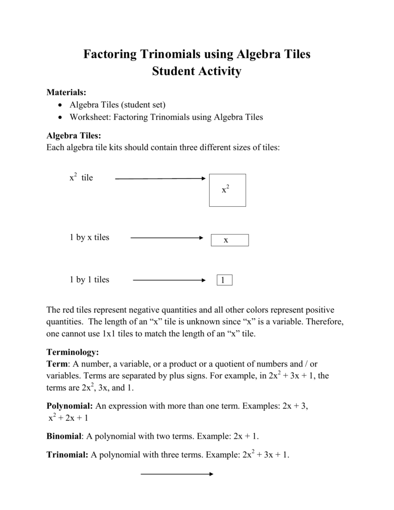 Factoring Trinomials using Algebra Tiles Student Regarding Factoring Worksheet Algebra 1