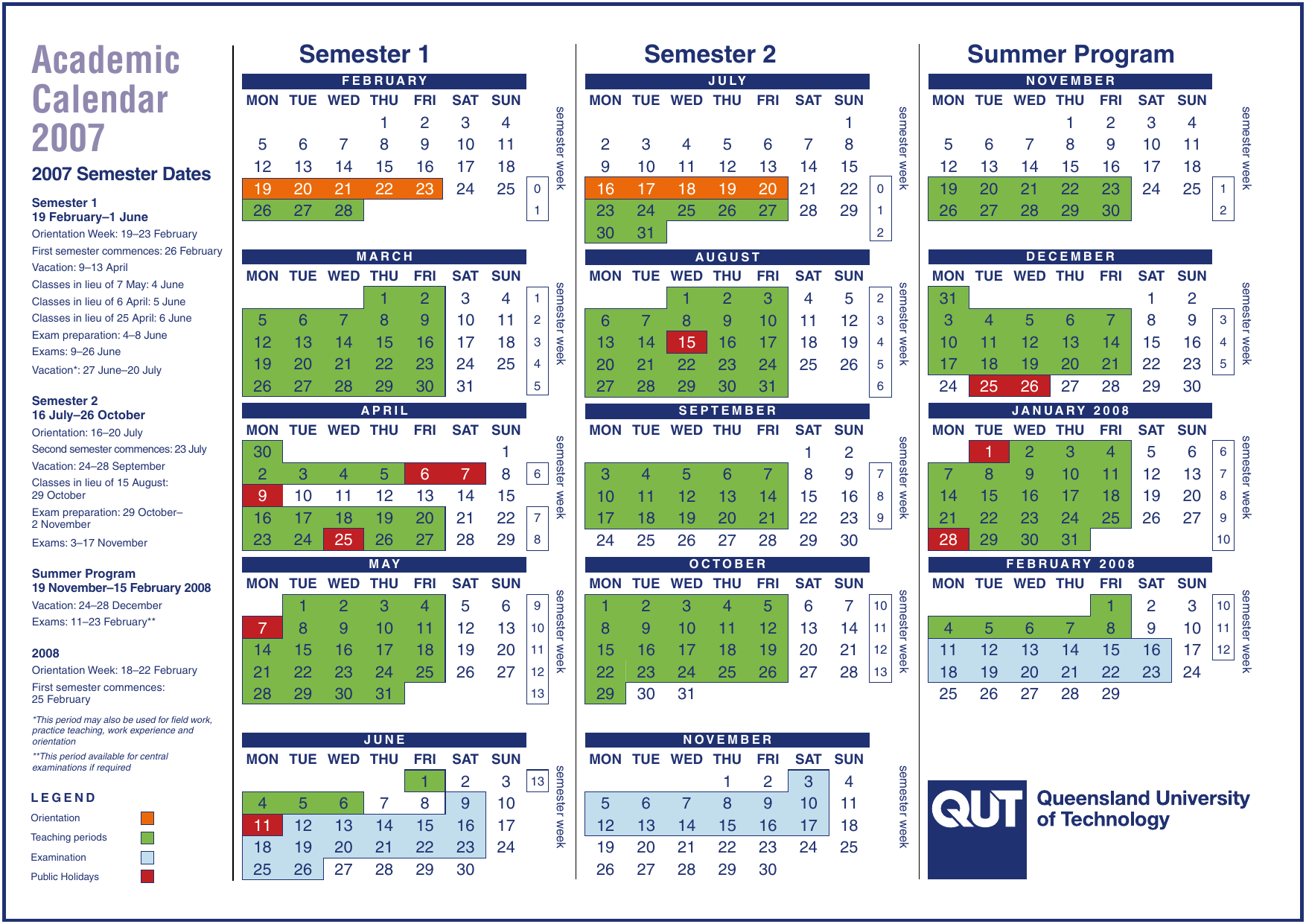 QUT Student Services Academic Calendar 2007