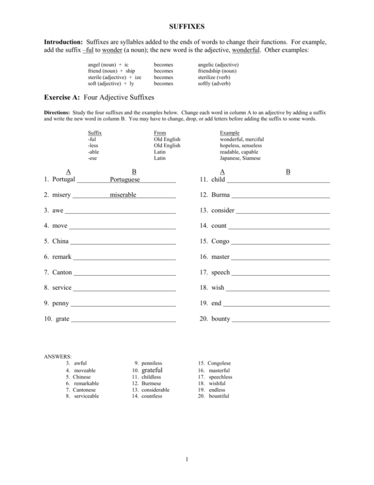 SUFFIXES Exercise A Four Adjective Suffixes