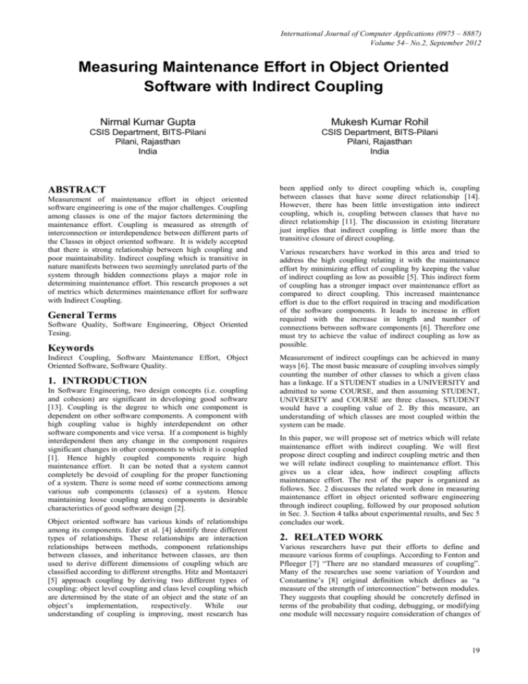 Measuring Maintenance Effort in Object Oriented Software with