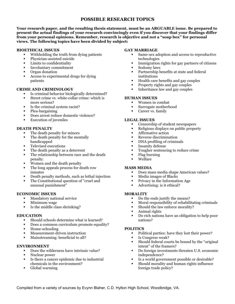 POSSIBLE RESEARCH TOPICS