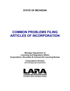 COMMON PROBLEMS FILING ARTICLES OF INCORPORATION