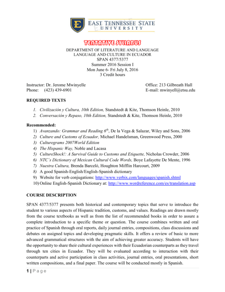 tentative syllabus - East Tennessee State University tentative syllabus - East Tennessee State University