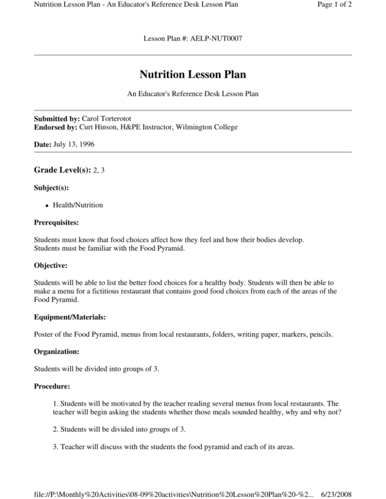 physical education nutrition lesson plans