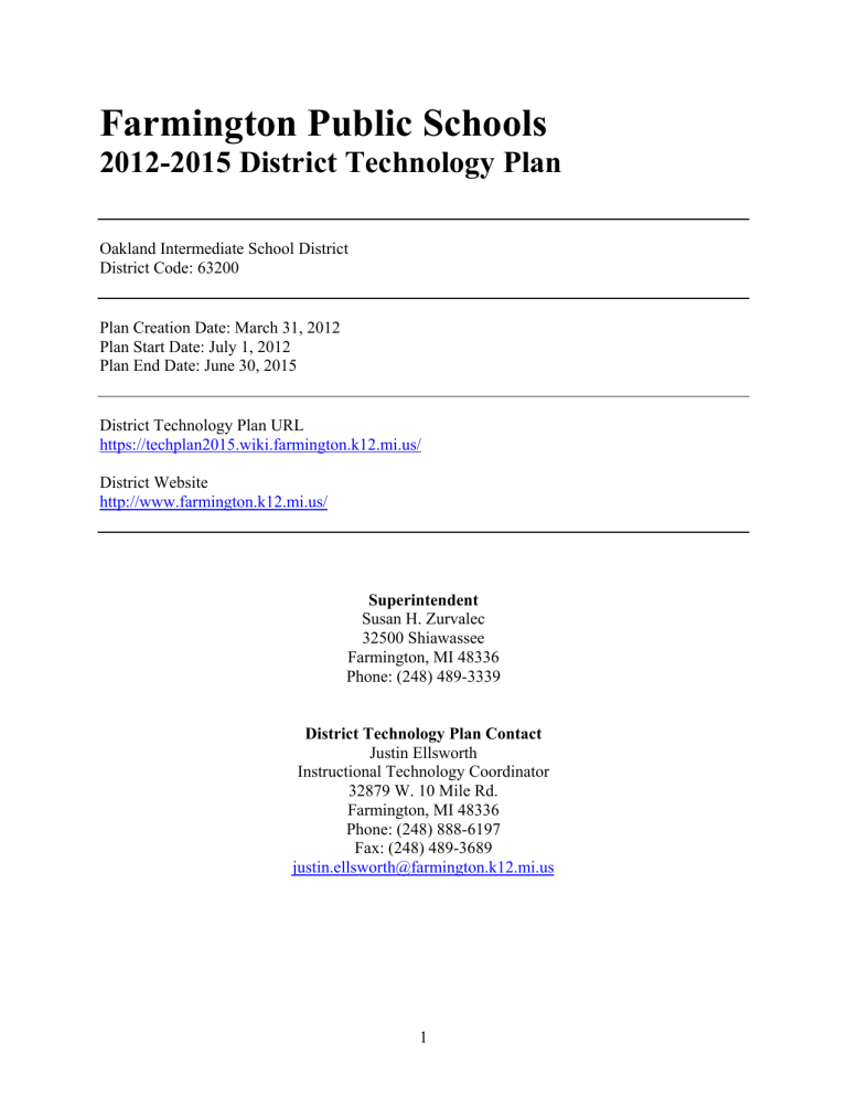 District Technology Plan Farmington Public Schools