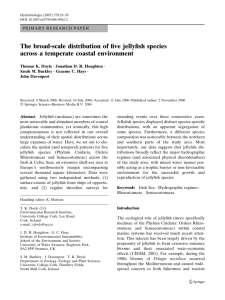 The broad-scale distribution of five jellyfish species across a