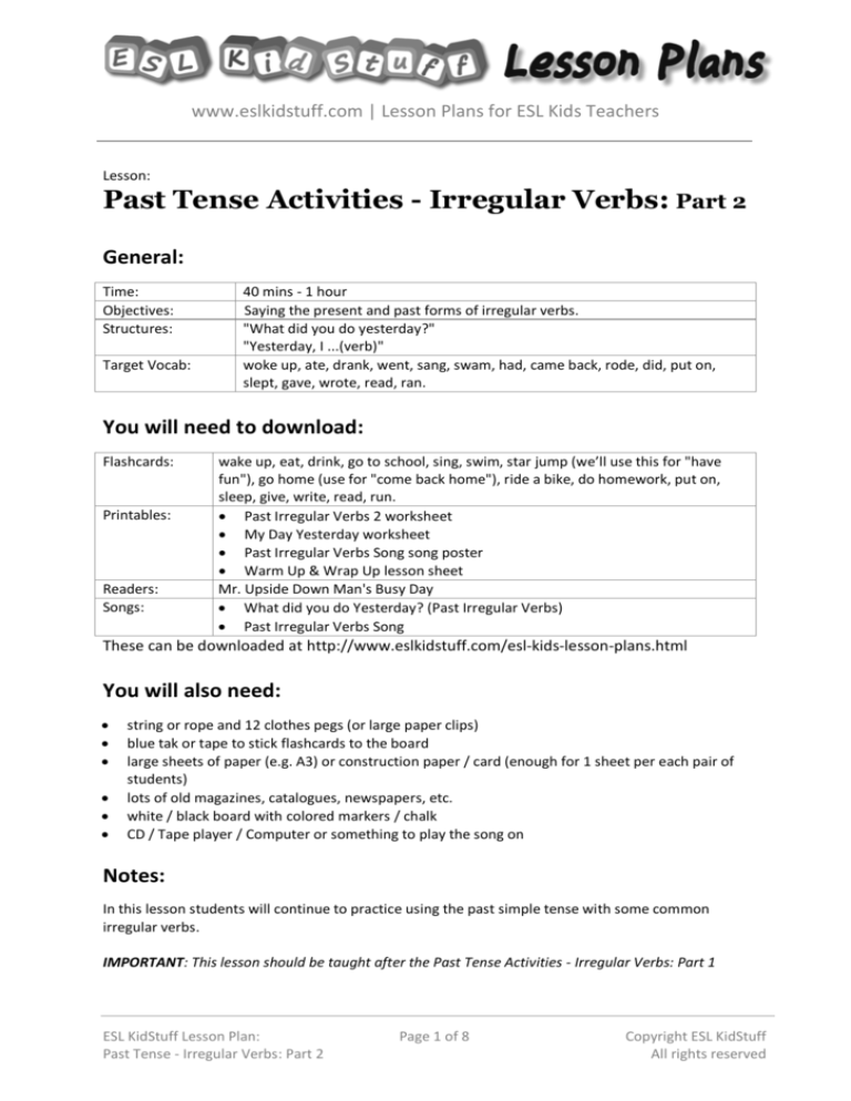 Past Tense Activities Irregular Verbs Part 2