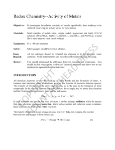 Redox Chemistry – Activity of Metals