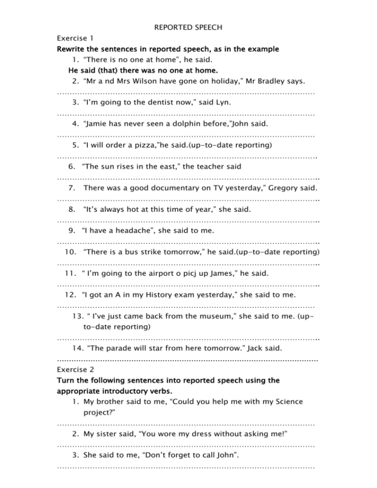reported speech exercises 1 fill in the blanks