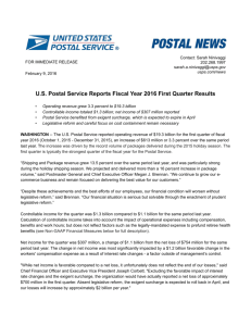US Postal Service Reports Fiscal Year 2016 First