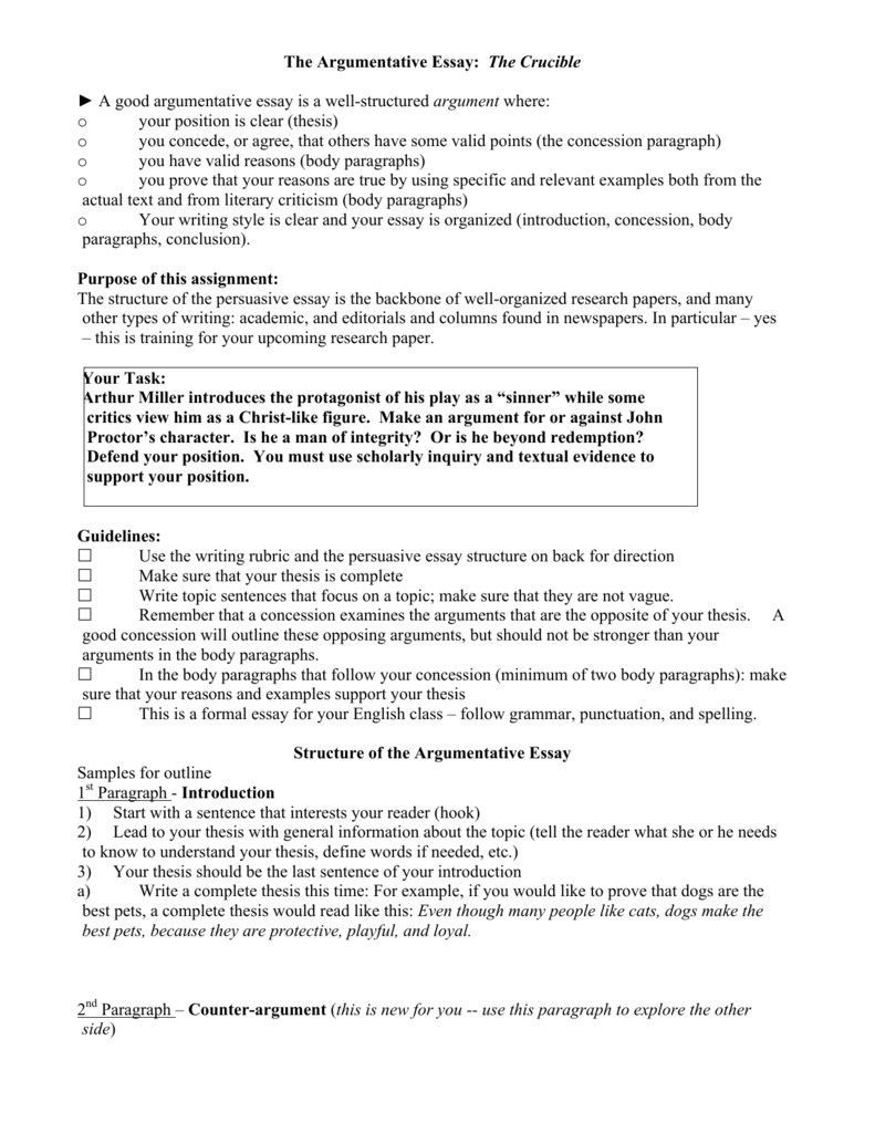 The Argumentative Essay: The Crucible A good argumentative