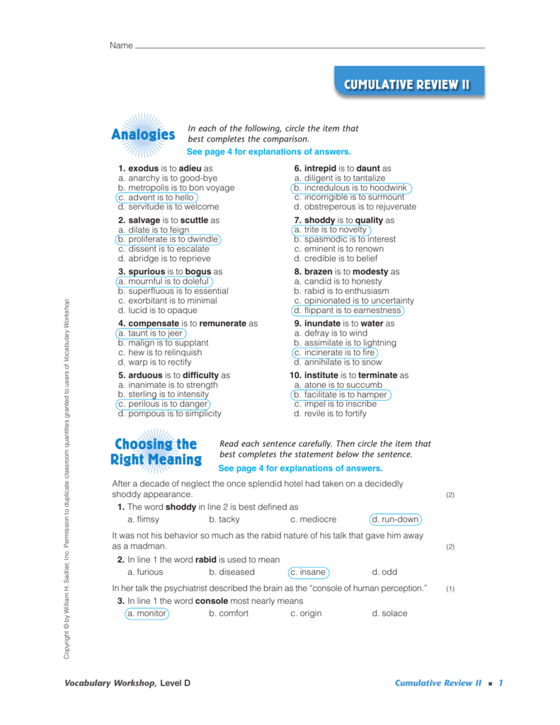 Vocabulary Level F Unit 10 Answers Sadlier Vocabula