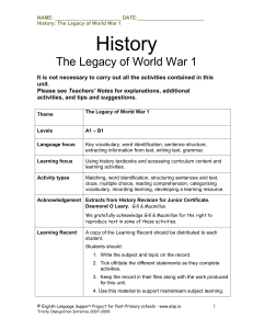 History Topic - The Legacy of World War 1