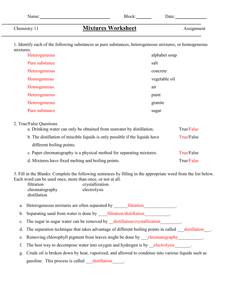 Mixtures Worksheet Pertaining To Mixtures Worksheet Answer Key
