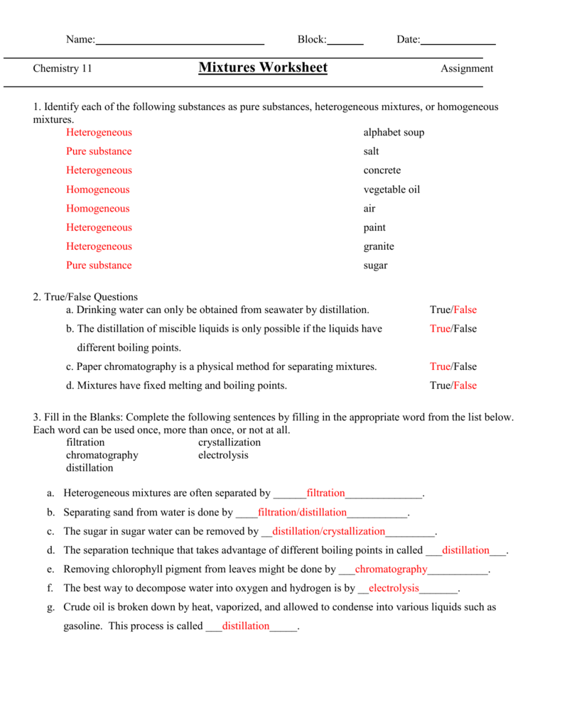 Mixtures Worksheet Chemistry