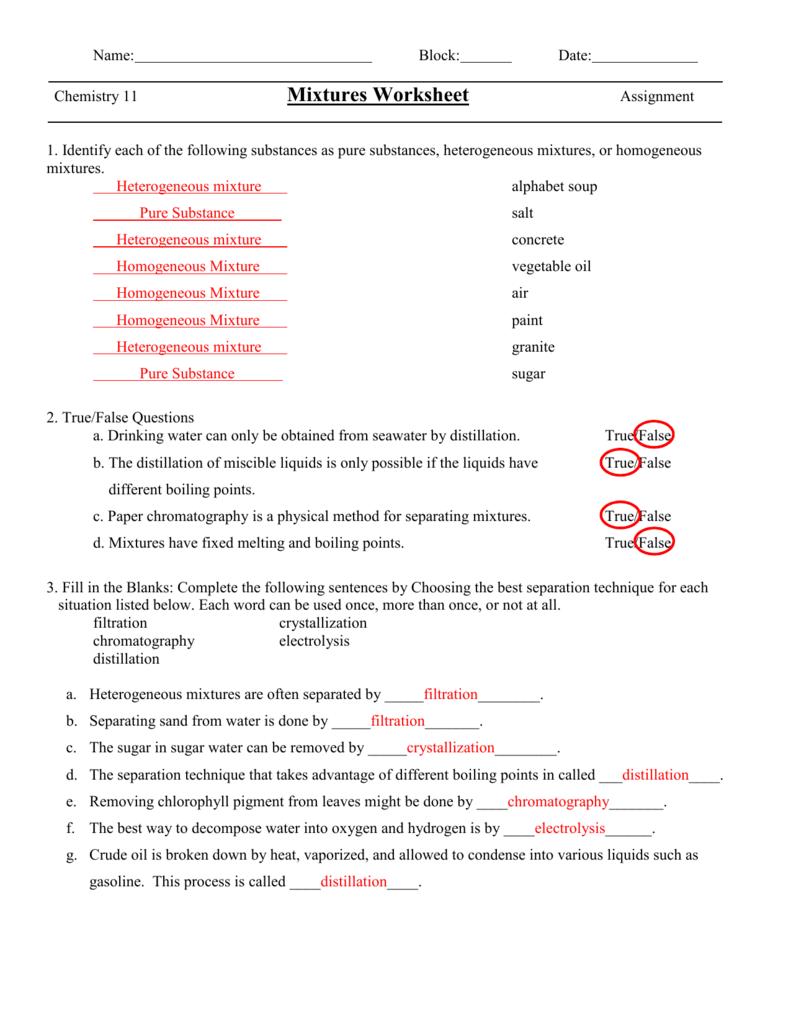 Mixtures Worksheet For Separation Of Mixtures Worksheet