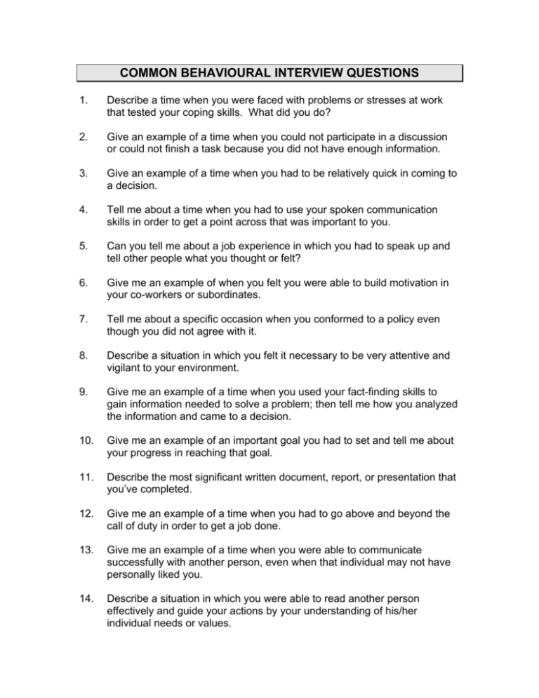 Common Behavioural Interview Questions UBC