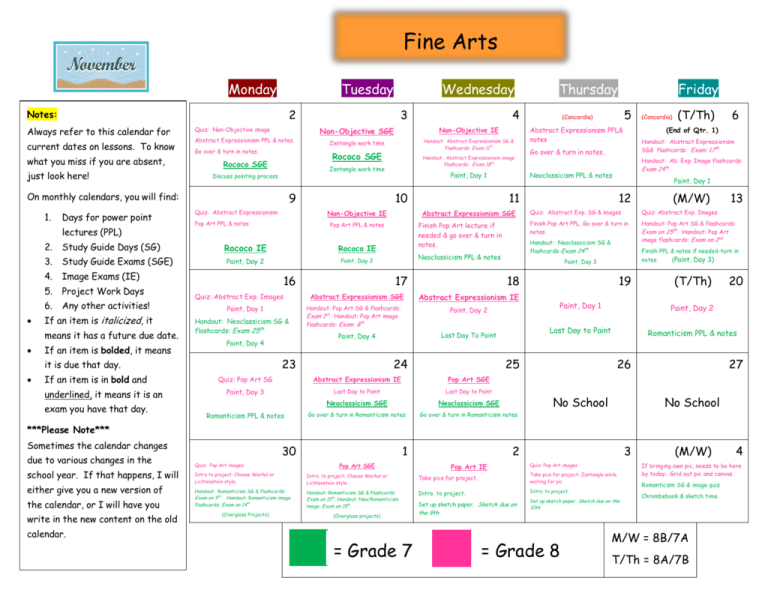 7th & 8th Grade Fine Arts Calendar