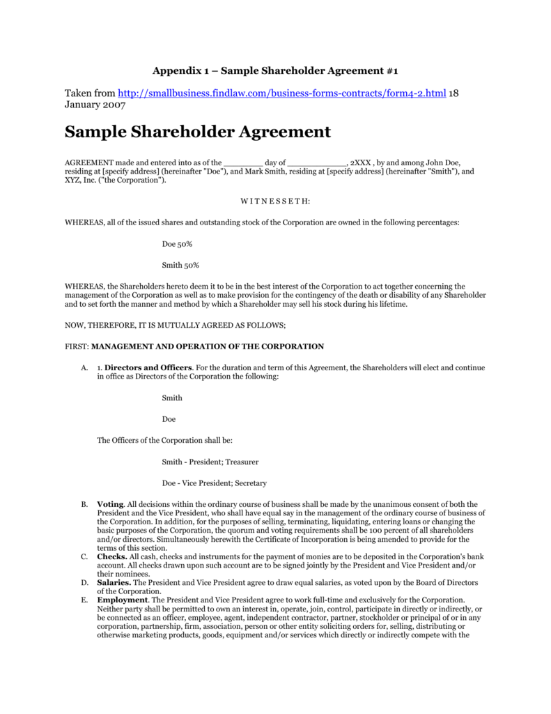 Sample Shareholder Agreement In s corp shareholder agreement template