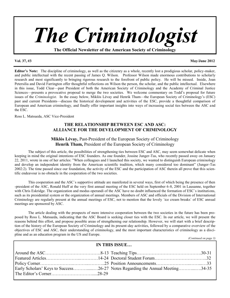 The Criminologist American Society of Criminology