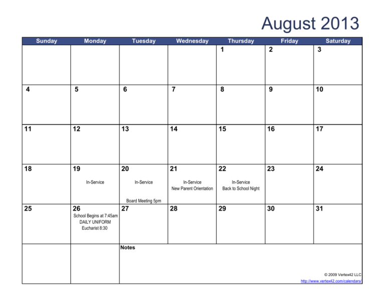 Vertex42 Calendar Template All Saints Episcopal School