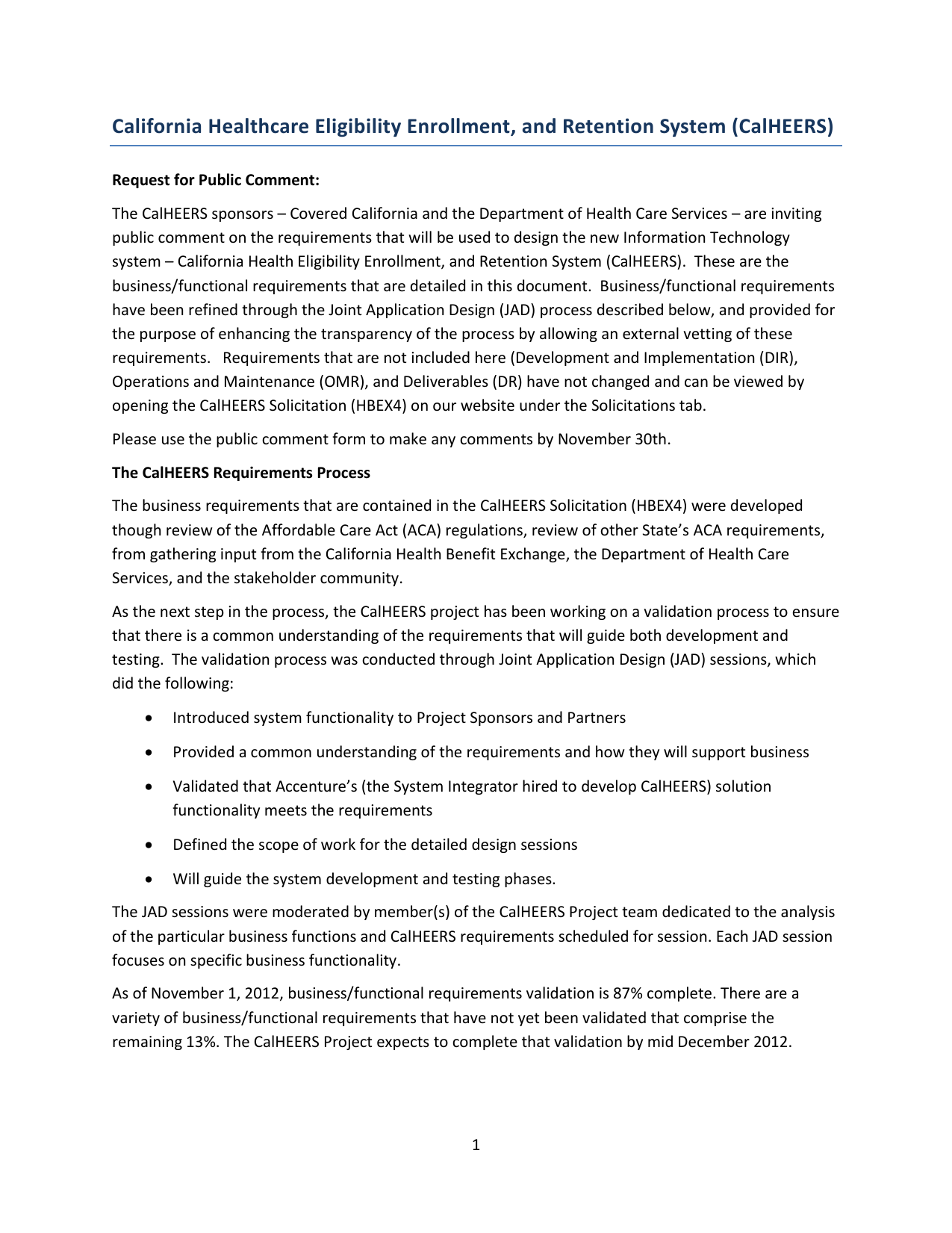 CalHEERS Requirement Process and Requirements Document