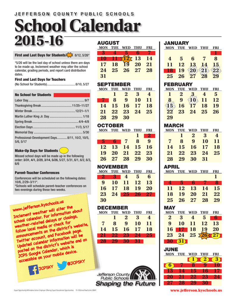 School Calendar Jefferson County Public Schools