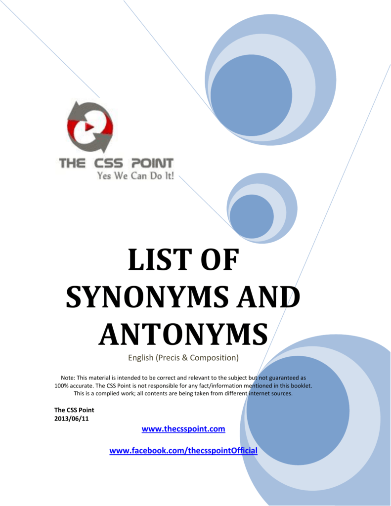 list of synonyms and antonyms