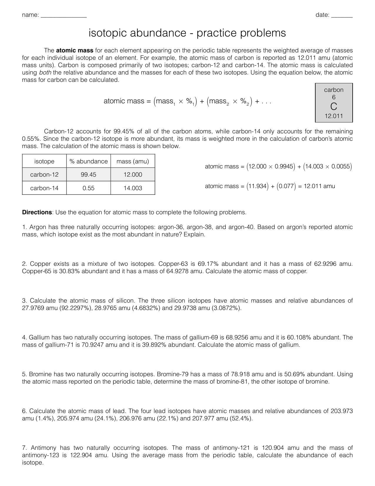 isotopic abundance practice problems