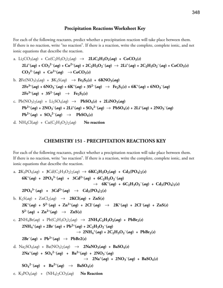 Precipitation Reactions Worksheet Key