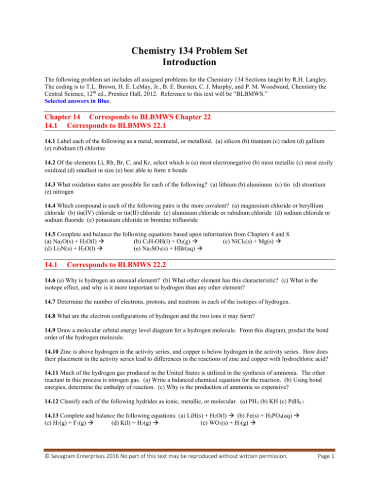 Chemistry 134 Problem Set Introduction