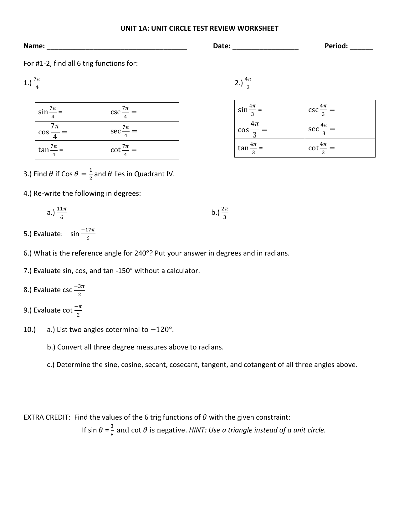 UNIT 20A: UNIT CIRCLE TEST REVIEW WORKSHEET Name: Date Regarding Unit Circle Worksheet With Answers